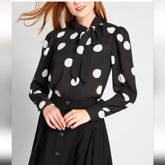 Black Polka Dot Marvel the Masses Tie-Neck Blouse - ModCloth - Picture 2 of 6